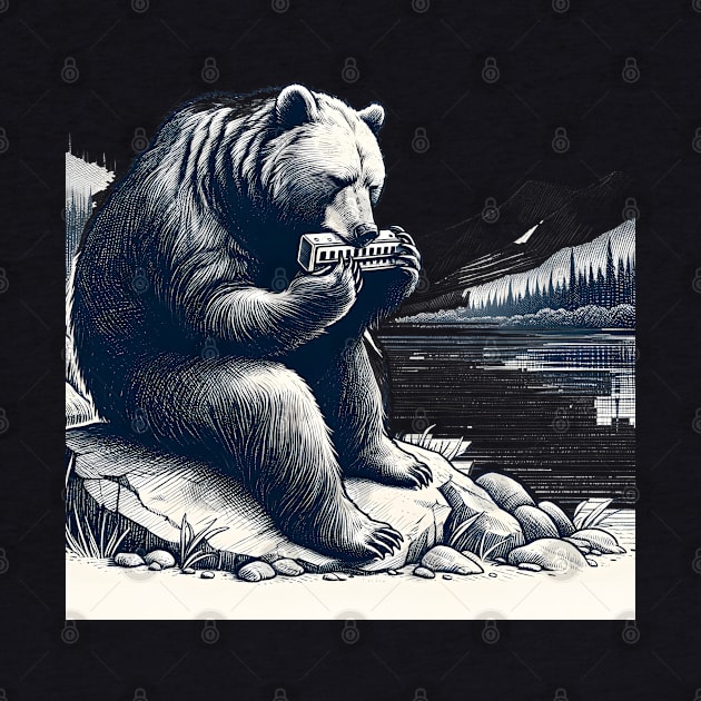 Bear Playing Harmonica by Merchweaver